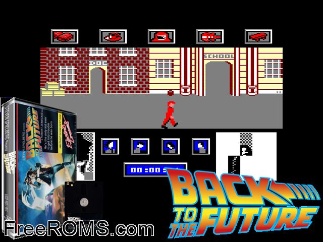 Back to the Future (UK) (1986) [a1] Amstrad CPC game showing 3D box cover and gameplay screenshot